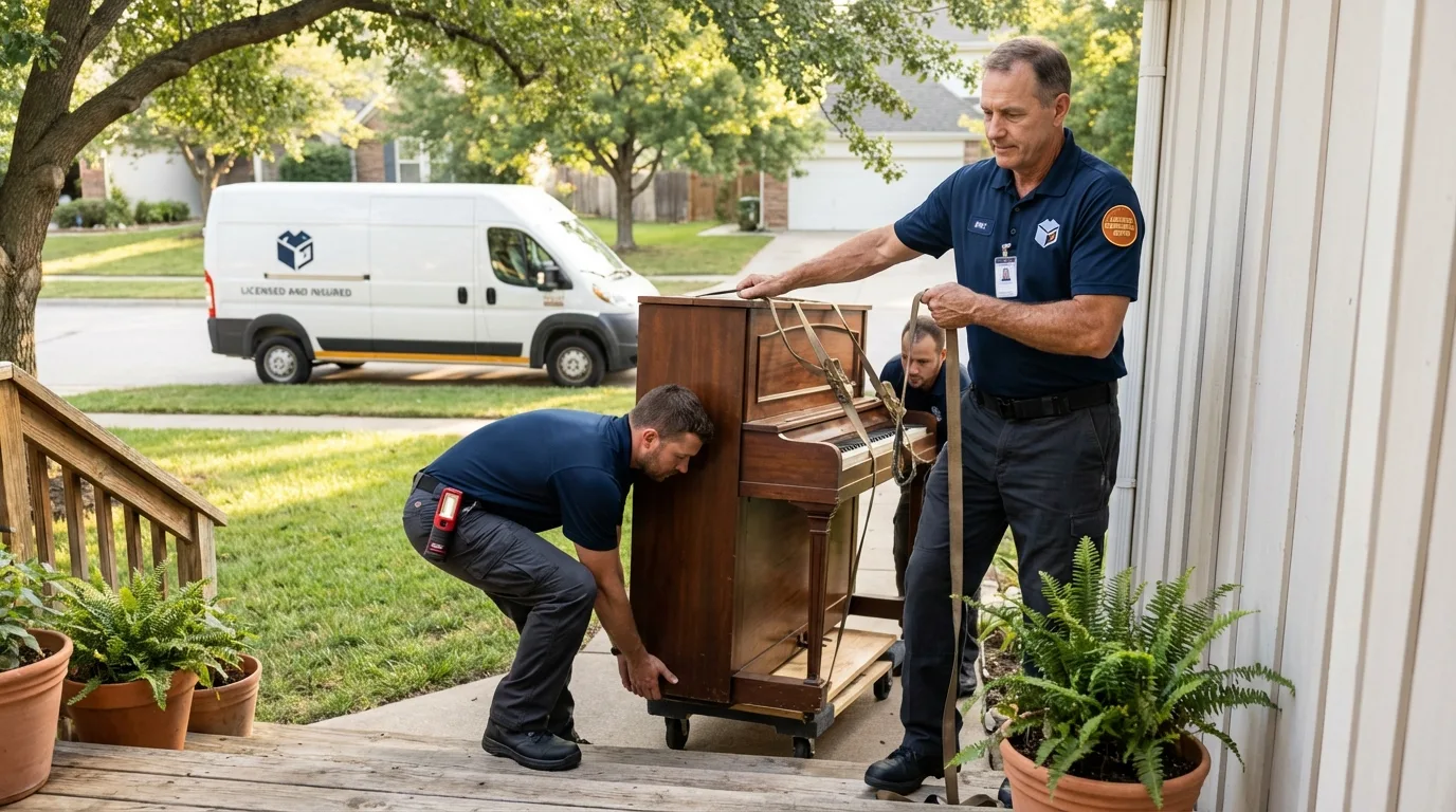 Licensed piano movers securing grand piano in Huron, OH