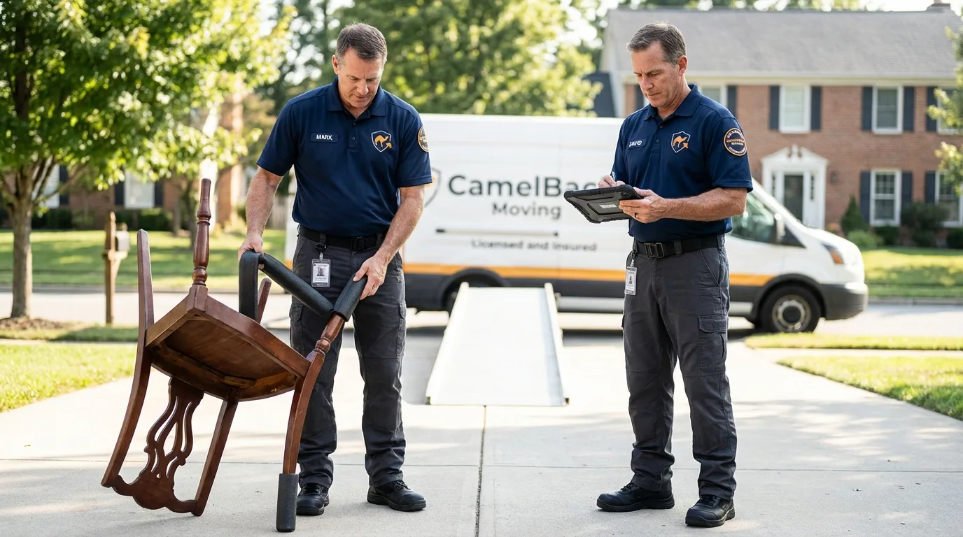 Movers inspecting furniture for damage prevention before loading in Huron, OH