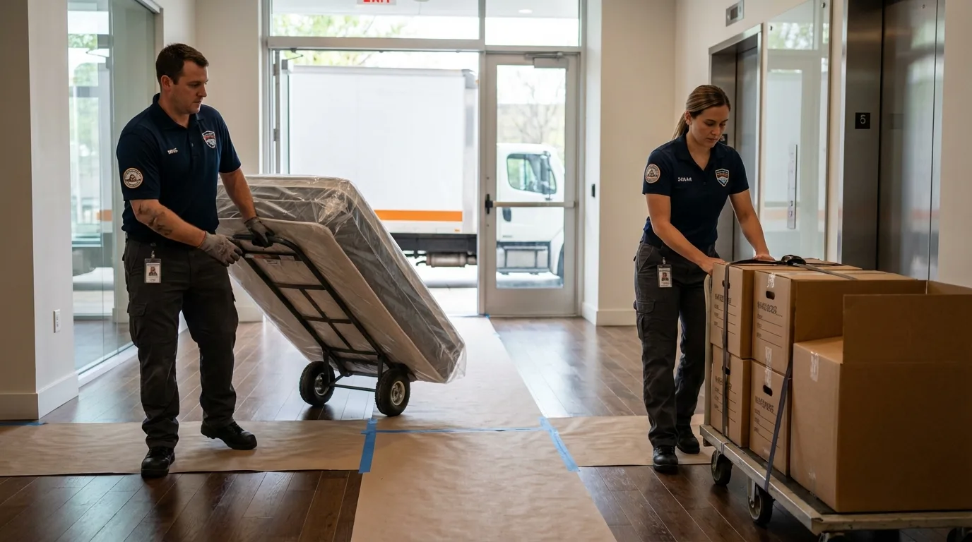 Professional apartment movers loading elevator in Huron, OH